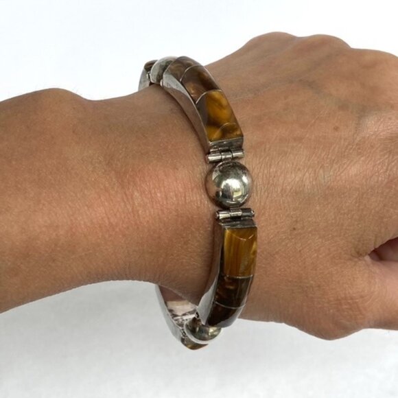 VTG Sterling Silver 925 Heavy Signed Southwest Tigers Eye Inlay Panel Bracelet - Picture 13 of 16